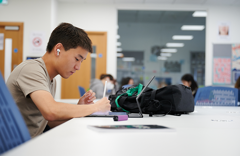 Student Revising In Abbey College Cambridge Library